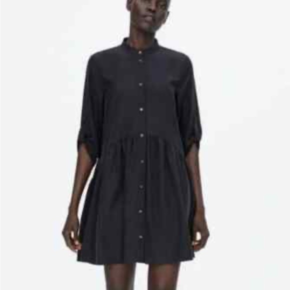 Zara Black Mini Flowy  Button-Up Dress Rolled Up Sleeves - Picture 4 of 10
